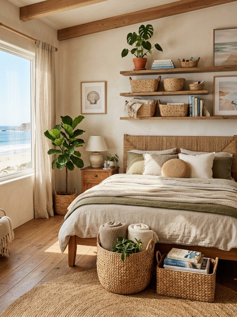 Earthy coastal bedroom with natural woven storage baskets on shelves and floor holding throws books and plants natural seagrass wicker texture adding organic coastal warmth