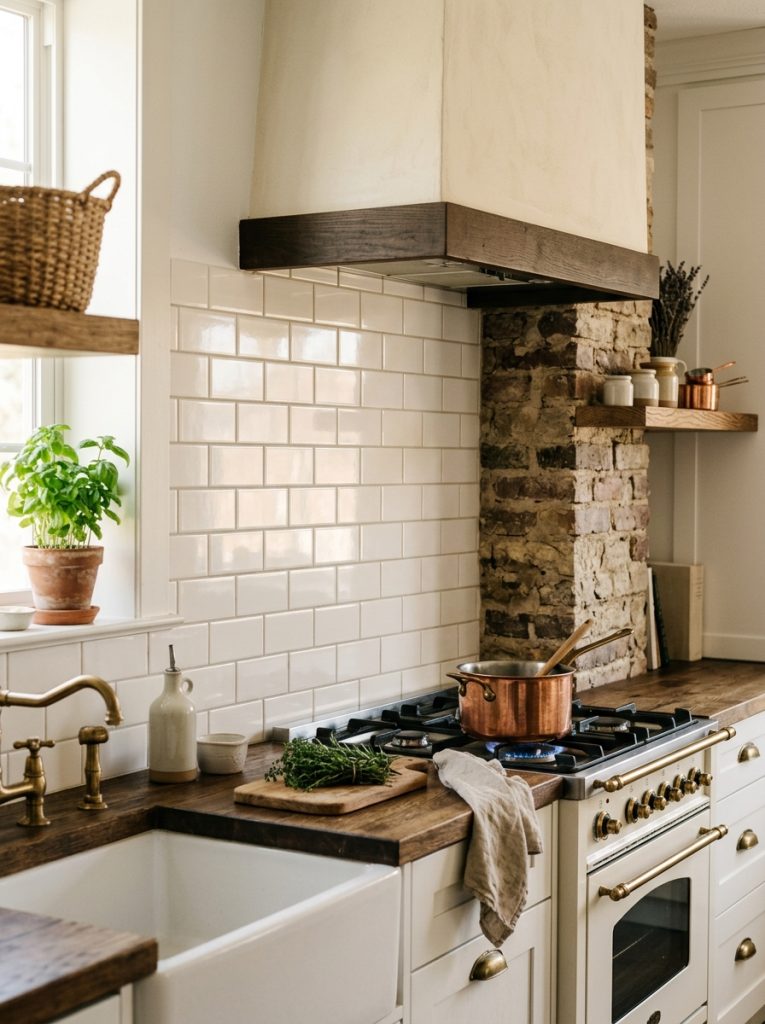 Farmhouse kitchen backsplash white subway tiles brick pattern clean bright grout natural stone brick beside range rustic tile adding depth timeless appeal white farmhouse kitchen