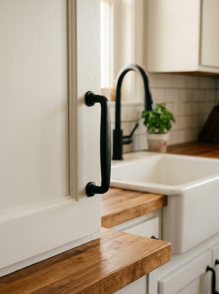Farmhouse kitchen cabinet matte black hardware pull against soft white shaker door butcher block countertop visible matte black faucet farmhouse sink background black hardware tying together