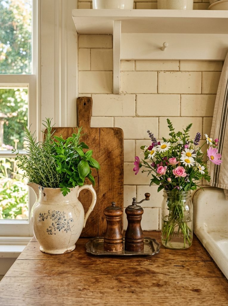 Farmhouse kitchen countertop vignette vintage ceramic pitcher fresh herbs worn wooden cutting board antique tray salt pepper mills fresh flowers mason jar genuinely charming collected