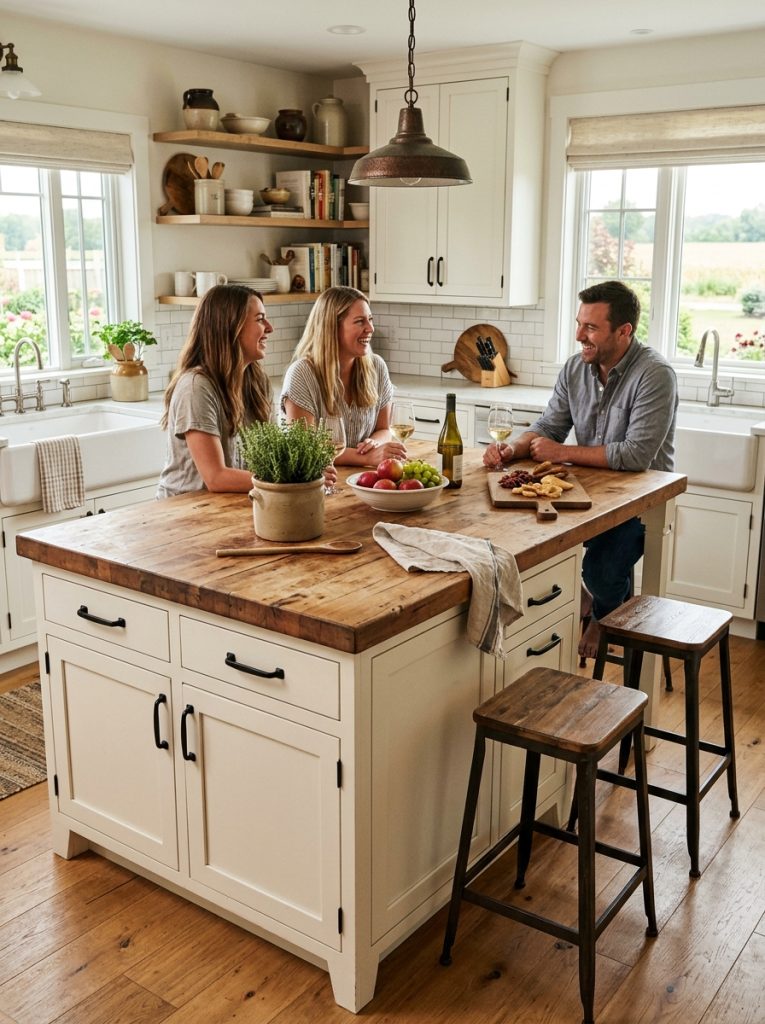 Farmhouse kitchen island social hub butcher block top matte black hardware cabinet doors below farmhouse bar stools small plant ceramic pot warm welcoming central to farmhouse kitchen