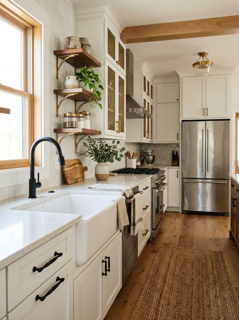 Modern farmhouse kitchen intentionally mixed metal finishes brass cabinet pulls matte black faucet farmhouse sink stainless steel appliances layered metal look collected designer not mismatched