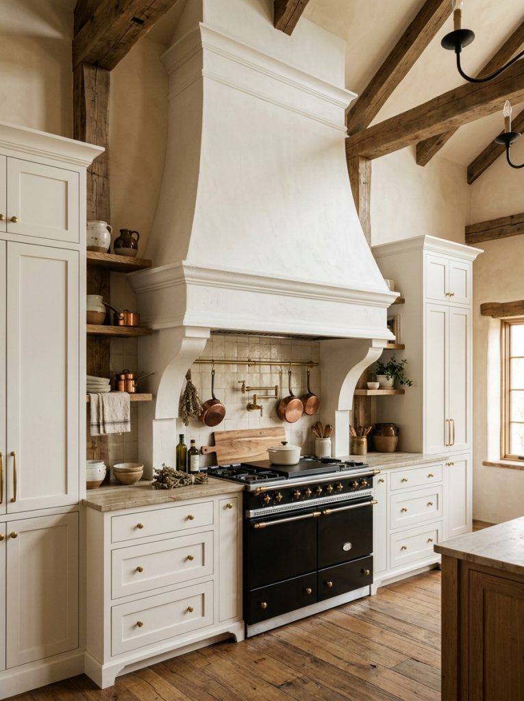 Farmhouse kitchen dramatic statement range hood custom painted wood plaster finish matching white cabinet color architectural focal point above range whole kitchen designed around this feature