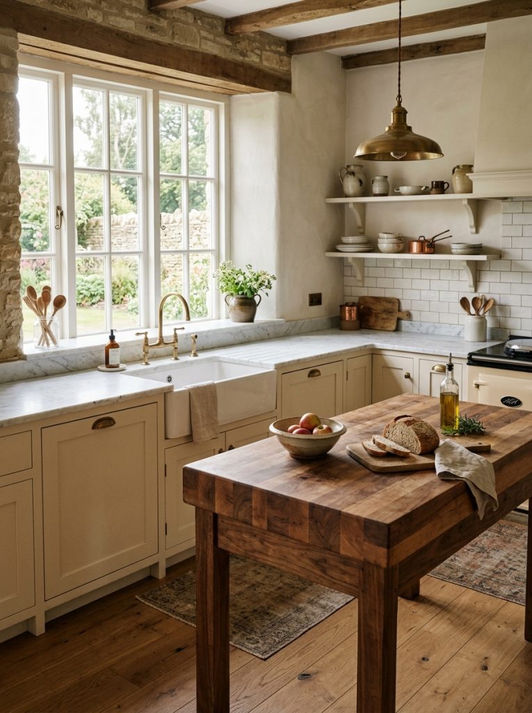 Farmhouse kitchen textured countertop honed white marble soft veining perimeter counters butcher block island two textures complementing each other marble elegance butcher block warmth rustic