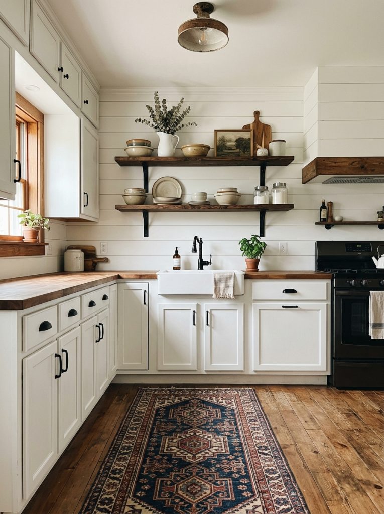 Budget farmhouse kitchen freshly painted white cabinets matte black hardware rustic wood open shelves black metal brackets vintage ceramic decor patterned rug complete farmhouse transformation under 500