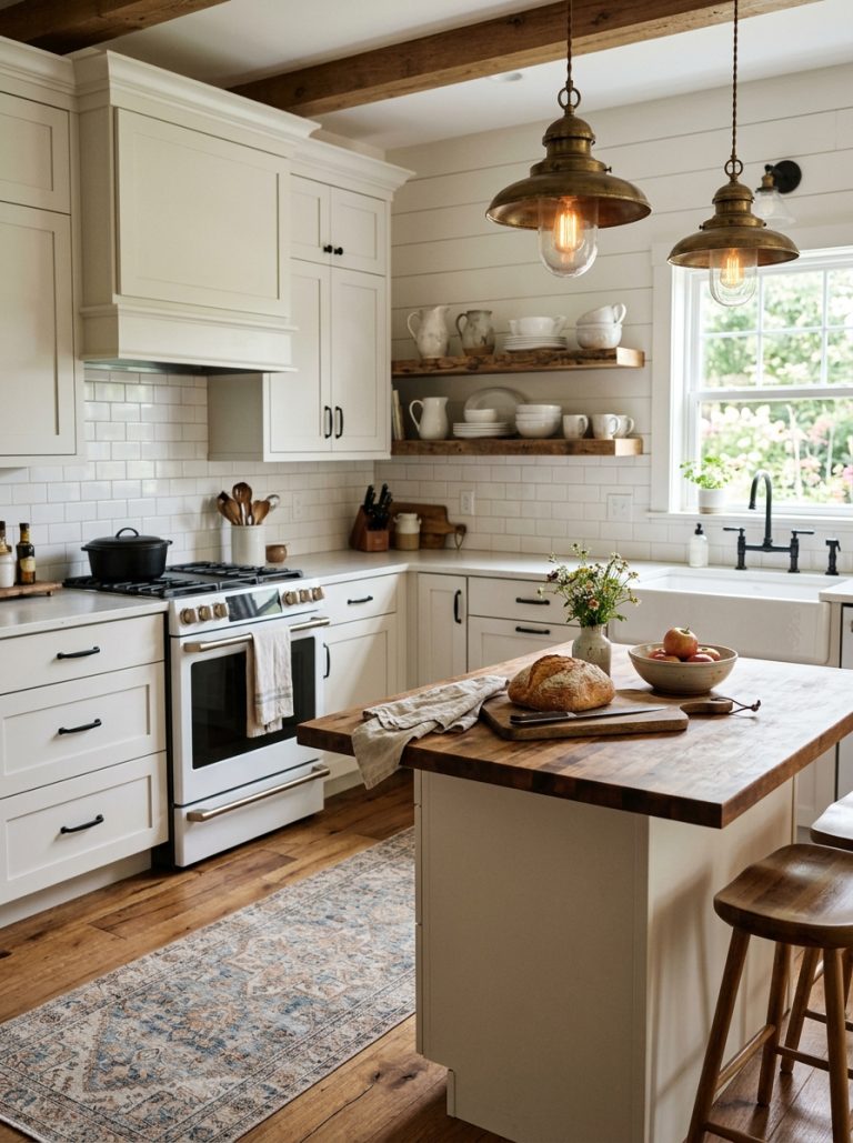 Beautiful farmhouse style kitchen with white apron front sink butcher block island rustic wood floating shelves vintage pendant lights matte black hardware patterned rug warm and cozy