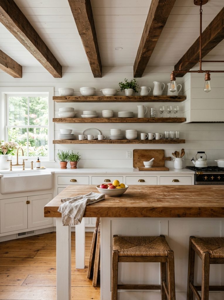 Warm farmhouse kitchen with natural wood butcher block countertop exposed ceiling beams rustic wood floating shelves white dishes warm honey wood tones softening white kitchen
