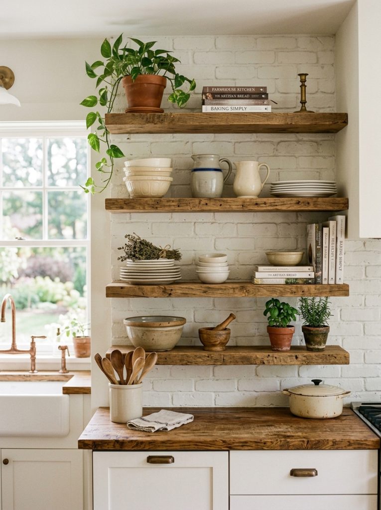 Farmhouse kitchen rustic wood open floating shelves white ceramic dishes vintage pitchers small plants cookbooks open shelving making kitchen feel light airy warm natural light
