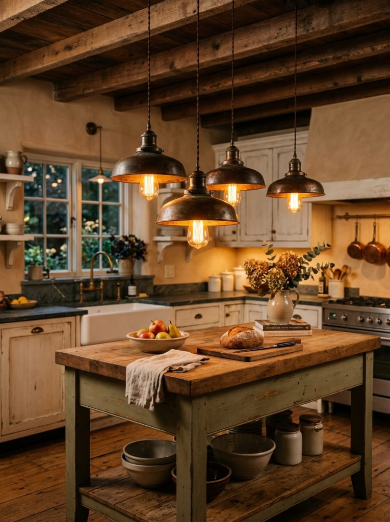 Farmhouse kitchen vintage aged pendant lights hanging over island warm Edison bulb glow aged metal finish adding character warmth cozy intimate farmhouse atmosphere
