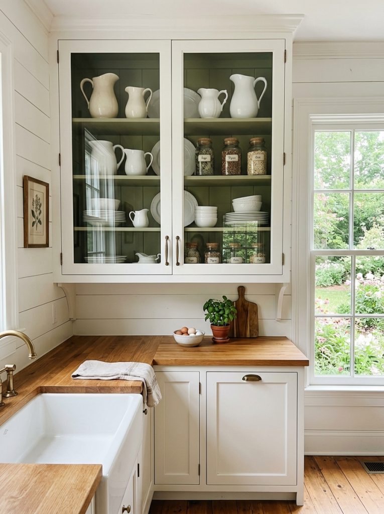Farmhouse kitchen glass front upper cabinet doors white dishes ceramic pitchers vintage glass jars interior cabinet wood warm sage green glass doors adding depth elegance visually open