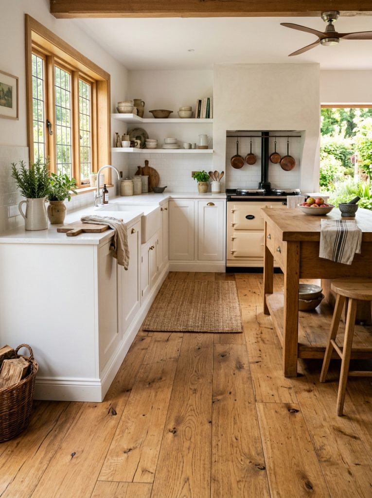 Farmhouse kitchen wide plank warm natural wood flooring boards natural grain variation warm honey tones wood floor grounding white farmhouse kitchen long-lasting warmth