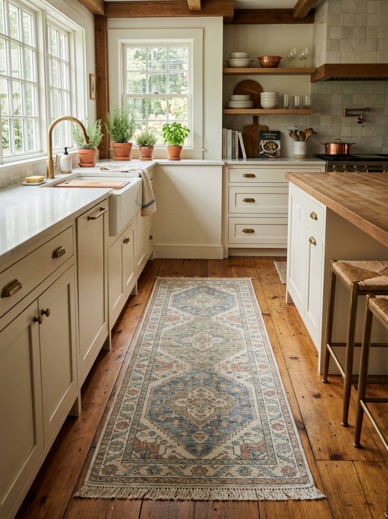 Cozy farmhouse kitchen patterned washable runner rug warm wood flooring front farmhouse sink island rug adding color comfort cozy finishing touch pattern complementing neutral palette