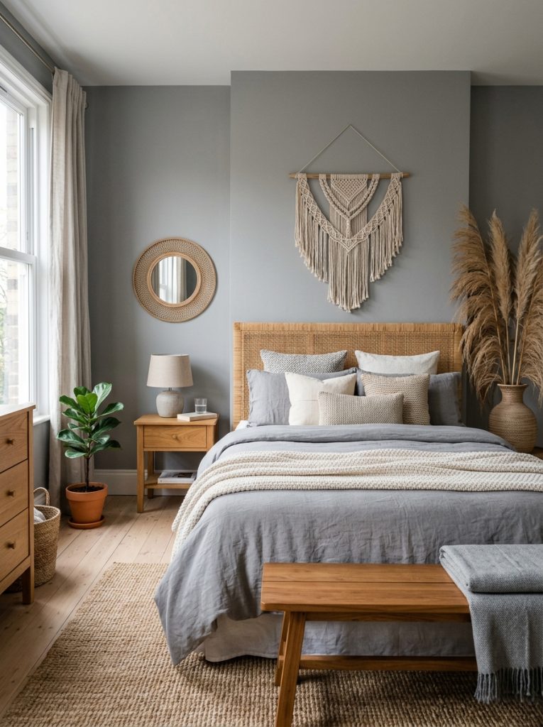 Sophisticated grey boho bedroom with soft grey walls natural wood furniture rattan headboard grey and cream layered textiles macrame dried pampas grass and plants