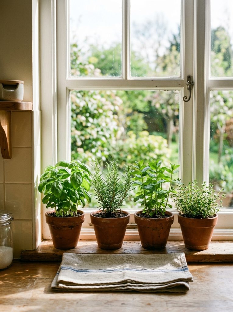Spring kitchen windowsill herb display small terracotta pots basil rosemary mint thyme lined up neatly green herbs bright morning window light linen tea towel fresh beautiful functional