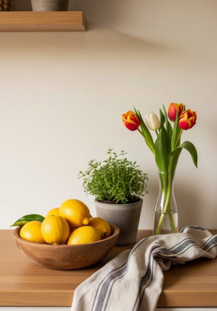 Spring kitchen counter vignette natural wooden bowl bright fresh lemons small potted herb single stem fresh tulips slim glass vase striped linen tea towel fresh intentional seasonal