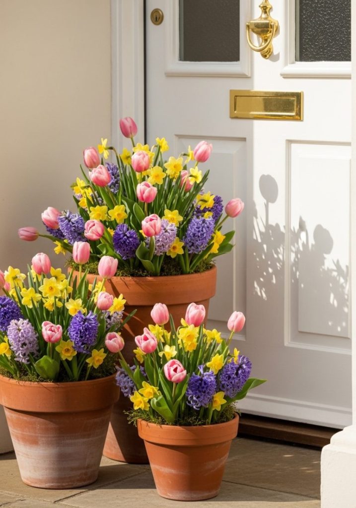 Welcoming spring entrance three terracotta pots different sizes tulips daffodils hyacinths soft pink yellow purple tones asymmetrically arranged front door welcoming spring display