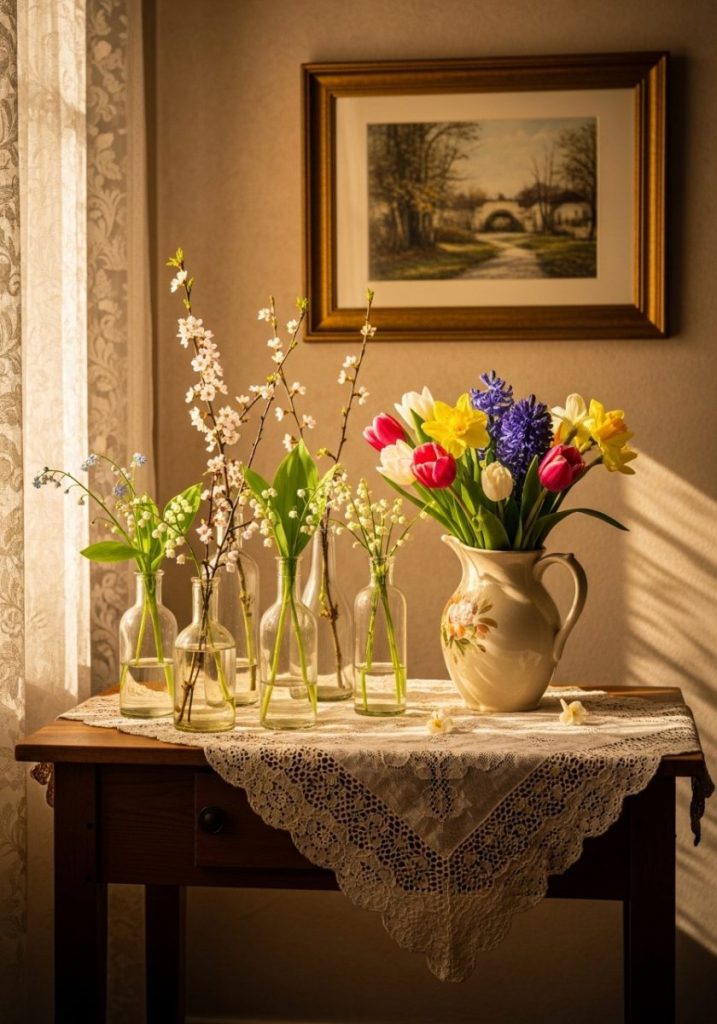 Personal vintage spring interior antique glass bottles spring stems vintage ceramic jug fresh flowers thrifted botanical prints aged frames lace table runner vintage floral cushions warm collected nostalgic