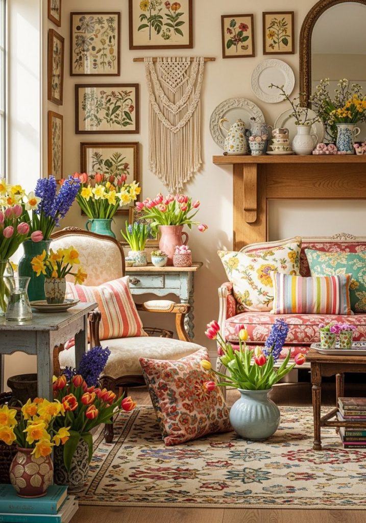 Personal eclectic spring interior mix botanical prints vintage ceramics macrame wall hanging fresh spring flowers mismatched vases patterned spring rug colourful spring cushions mixed patterns warm cheerful eclectic arrangement