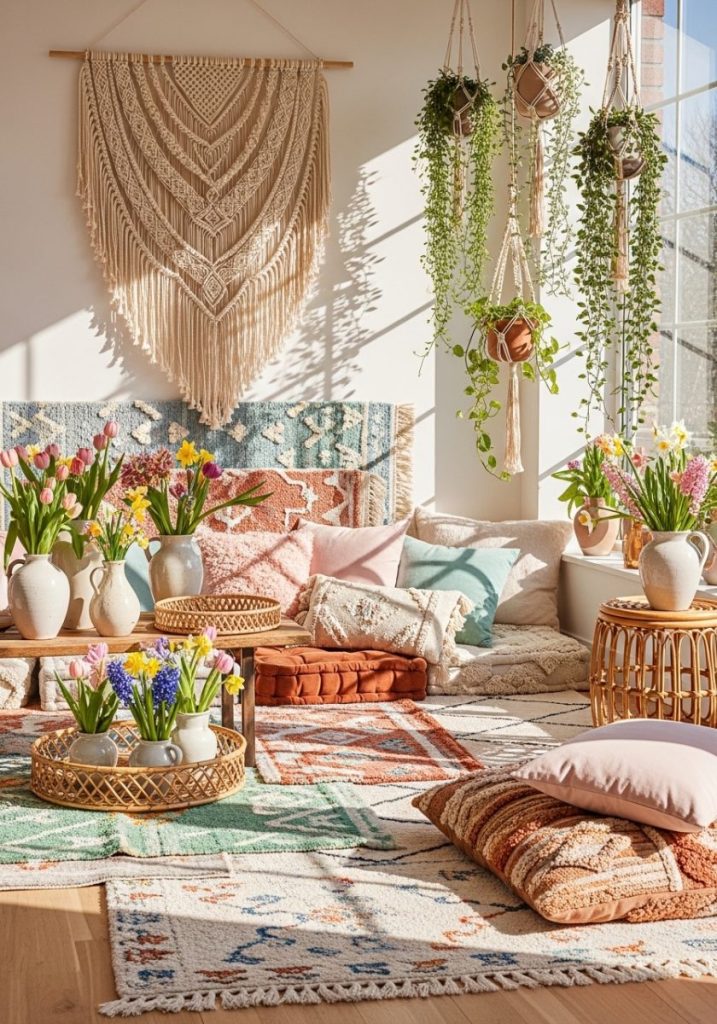 Warm boho spring interior macrame wall hanging layered spring-toned rugs trailing hanging plants macrame holders fresh florals mismatched ceramic vases woven rattan accents soft pastel cushions earthy tones warm eclectic handmade fresh spring energy