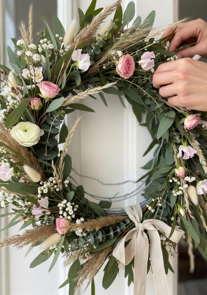 Handmade DIY spring wreath wire hoop base fresh eucalyptus spring florals soft pink white tones dried grasses simple ribbon tie lush handcrafted genuinely beautiful front door wall
