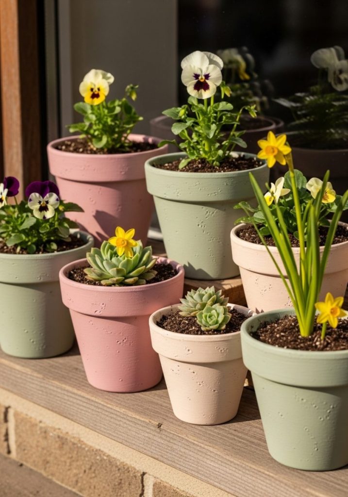 DIY spring painted terracotta pots soft pastel tones dusty pink sage green warm cream small spring plant succulent arranged together windowsill outdoor step handmade cheerful completely seasonal