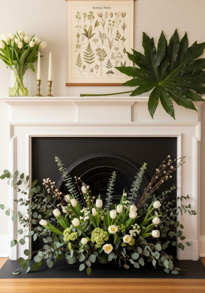  Creative spring fireplace display unused firebox filled abundant fresh spring botanicals eucalyptus stems white tulips dried grasses large leafy branch botanical print above mantel transformed genuinely beautiful