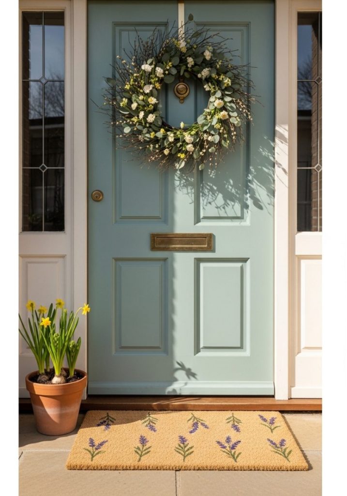 Charming spring front door area fresh woven natural fibre doormat simple spring botanical pattern small potted plant beside door spring wreath above welcoming intentional completely seasonal