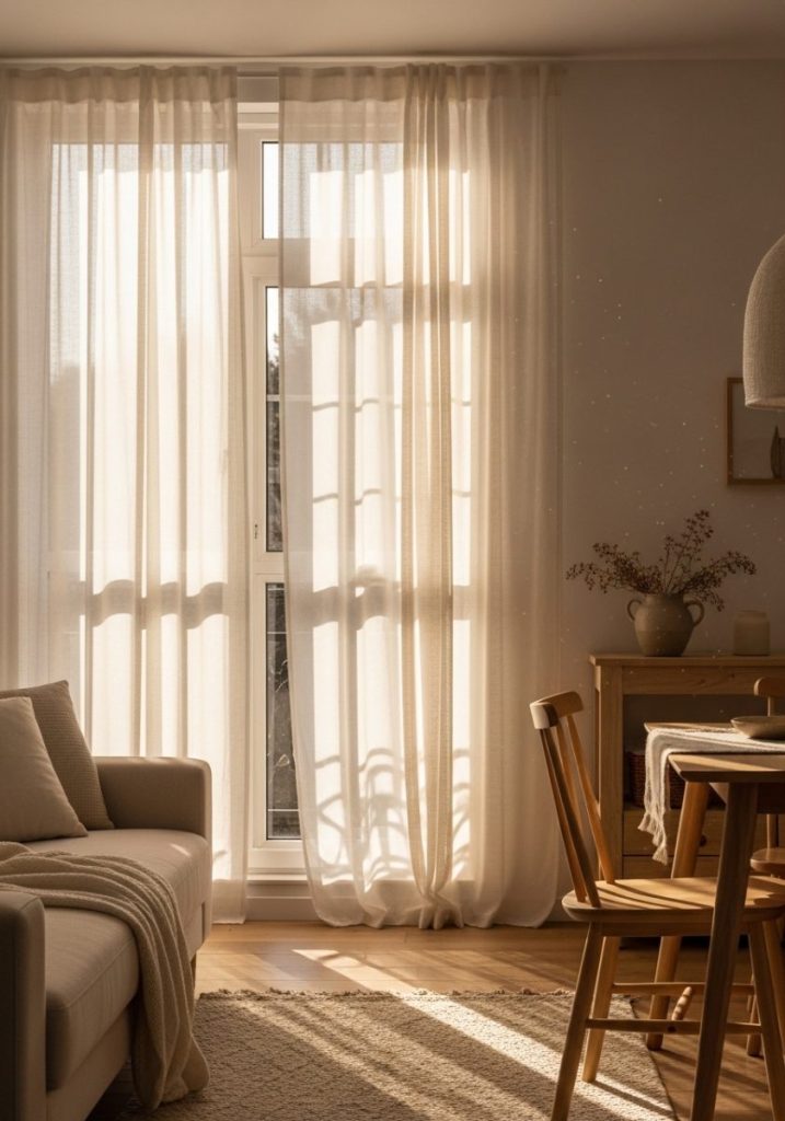  Bright spring room sheer white cotton linen curtains replacing dark winter window treatments warm afternoon light flooding room fresh airy genuinely seasonal light window treatments visually lifting whole room instantly
