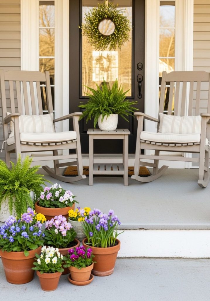 Spring front porch seating area two rocking chairs cream cushions small side table potted fern spring flower pots porch edge spring wreath door behind welcoming seasonal