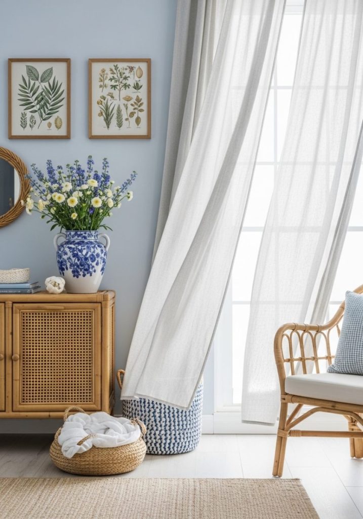 Breezy coastal spring interior light blues whites sandy neutrals fresh spring flowers blue white ceramic vase sheer linen curtains rattan furniture botanical prints coastal plants fresh airy beach and spring combination