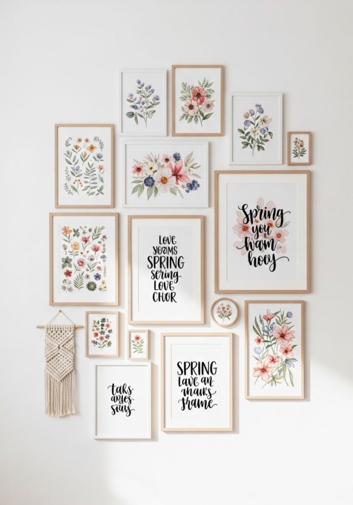 DIY spring gallery wall printed botanical illustrations watercolour flower prints hand-lettered spring quotes small macrame piece natural wood simple white frames arranged organically white wall collected personal genuinely beautiful