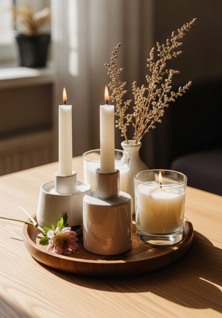 Spring scented candle display three white cream candles ceramic glass holders small wooden tray dried botanical stems small spring flower calm intentional completely seasonal coffee table windowsill