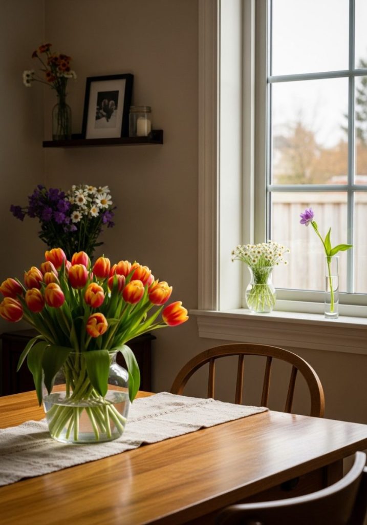 Alive spring home fresh flowers placed throughout large vase tulips dining table small bud vase daisies kitchen windowsill single stem slim glass bathroom shelf repetition fresh spring flowers cohesive seasonal atmosphere every room