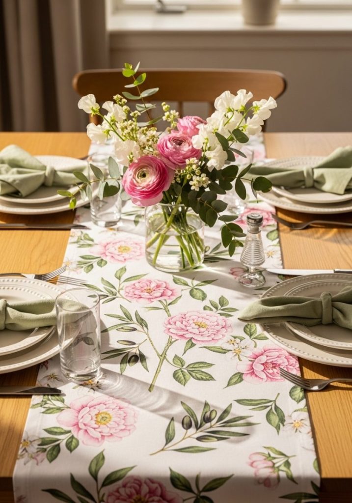 Spring dining table soft floral cotton table runner pink green tones white ceramic plates fresh flowers small vase simple linen napkins fresh elegant ready spring gathering
