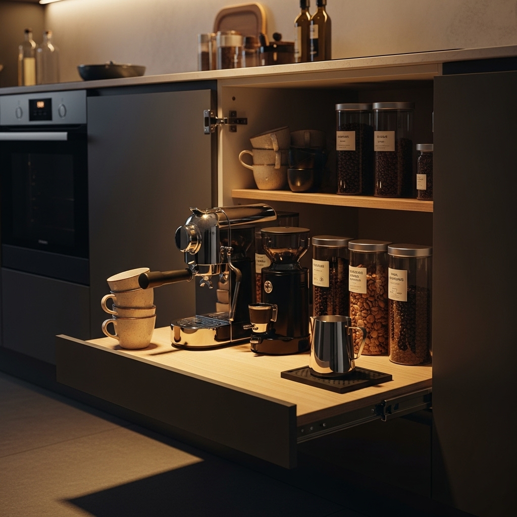 Coffee bar with pull-out counter for small kitchens