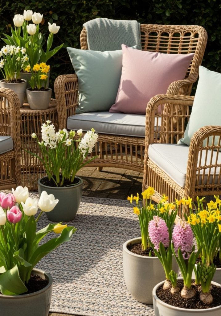 Spring outdoor seating area weather-resistant cushions soft sage green dusty pink wicker rattan garden chairs small outdoor rug potted spring flowers fresh seasonal inviting