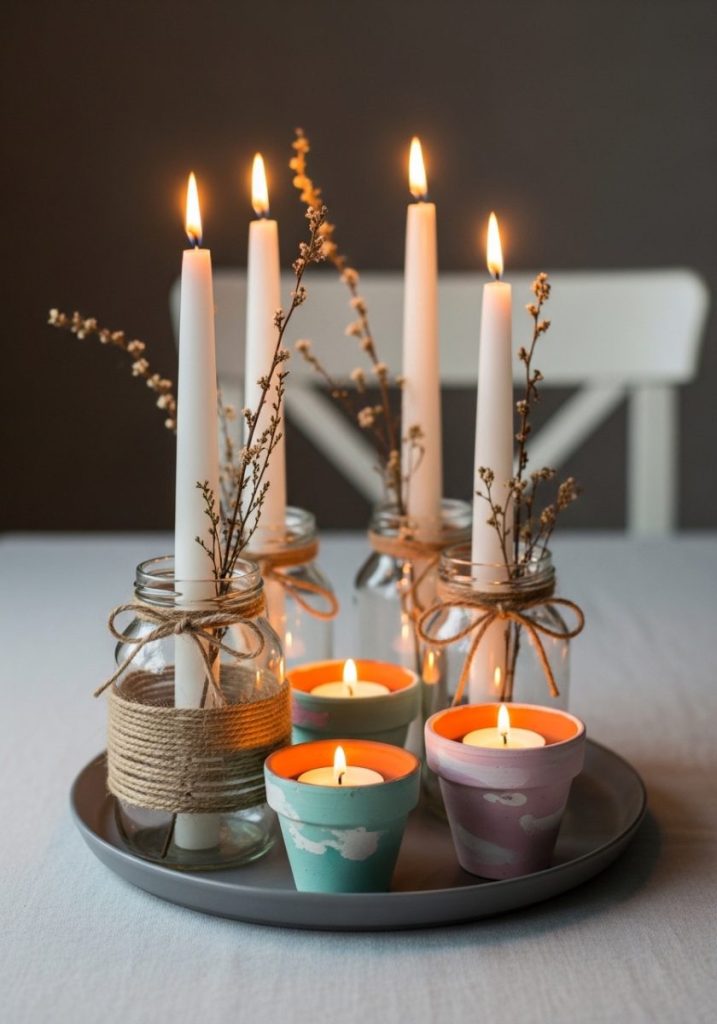 DIY spring candle holders clear glass jars wrapped twine taper candles small terracotta pots painted pastel tones tea lights dried spring botanical stems warm handmade completely seasonal dining coffee table