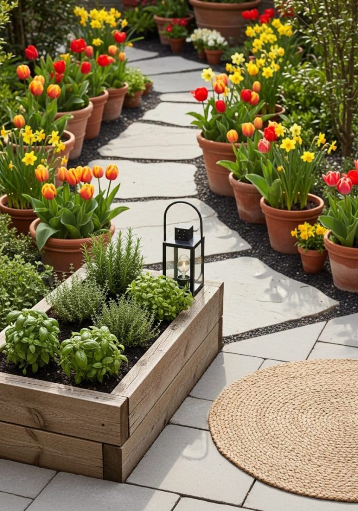 Refreshed spring garden terracotta pots blooming tulips daffodils arranged garden path fresh herbs raised planter simple garden lantern woven outdoor mat small patio area fresh blooming completely seasonal