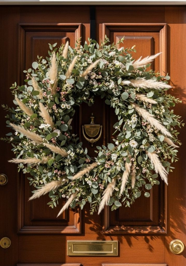 Lush spring wreath fresh eucalyptus spring florals soft pink white tones dried pampas accents classic front door welcoming warm completely spring-ready