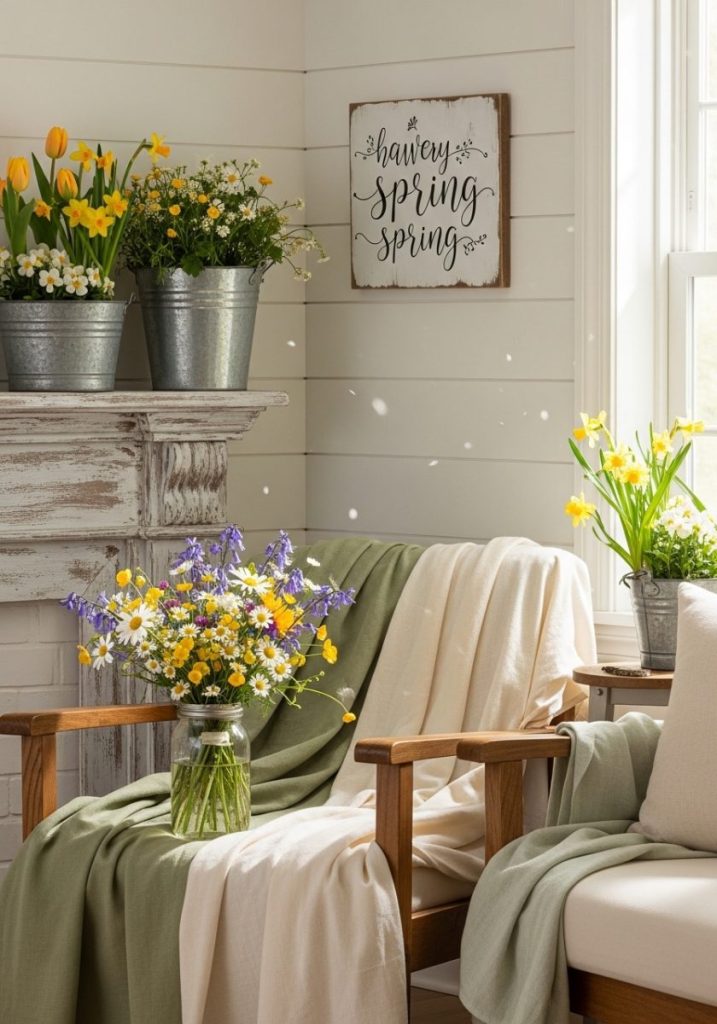 Warm farmhouse spring interior shiplap whitewash walls mason jar fresh wildflowers galvanized bucket planters spring flowers wooden spring sign cotton linen cream soft green warm rustic naturally charming seasonal