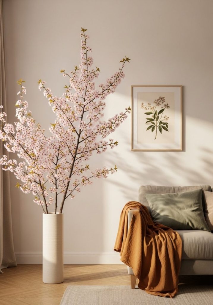 Serene modern minimalist spring interior warm white walls single large cherry blossom branch tall slim ceramic vase botanical print simple thin frame clean linen oatmeal sage deeply calm intentional beautifully understated