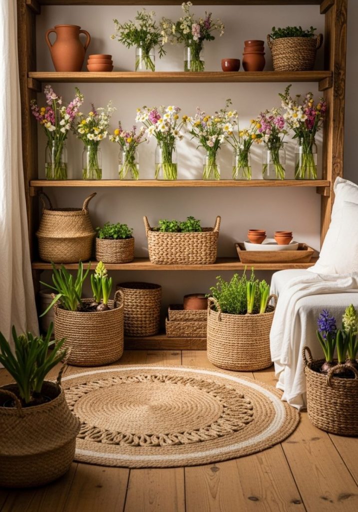  Warm rustic spring interior natural wood open shelving wildflowers mason jars woven baskets spring plants jute rug earthy terracotta soft spring greens creams warm grounded natural authentically seasonal