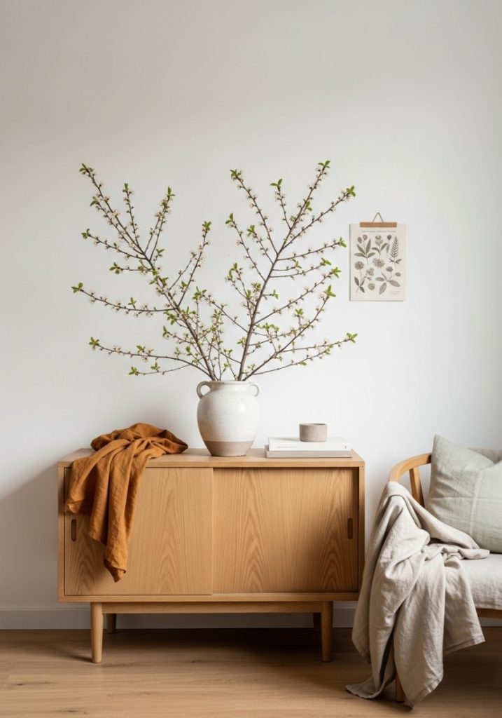 Calm Scandinavian spring interior white walls light oak furniture single large spring blossom branch simple ceramic vase soft linen warm oatmeal pale sage small botanical print deeply peaceful functional beautifully understated seasonal simplicity