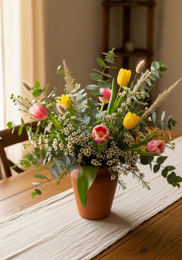  DIY spring floral centerpiece terracotta vase mixed spring stems tulips eucalyptus small white blooms dried grasses arranged loosely naturally wooden dining table linen runner lush naturally beautiful completely seasonal