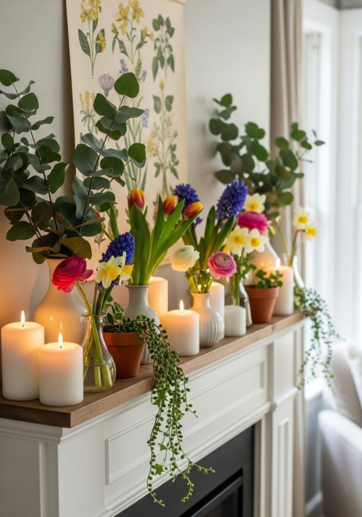 Spring botanical mantel display fresh eucalyptus stems spring flowers small bud vases white pillar candles different heights botanical print small terracotta pots trailing greenery layered fresh genuinely seasonal