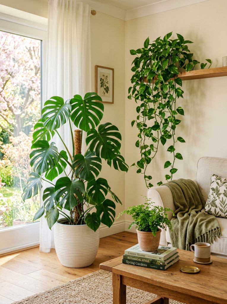 Spring living room corner tall monstera white ceramic pot trailing pothos floating shelf small potted fern coffee table abundance fresh greenery spring arrived indoors