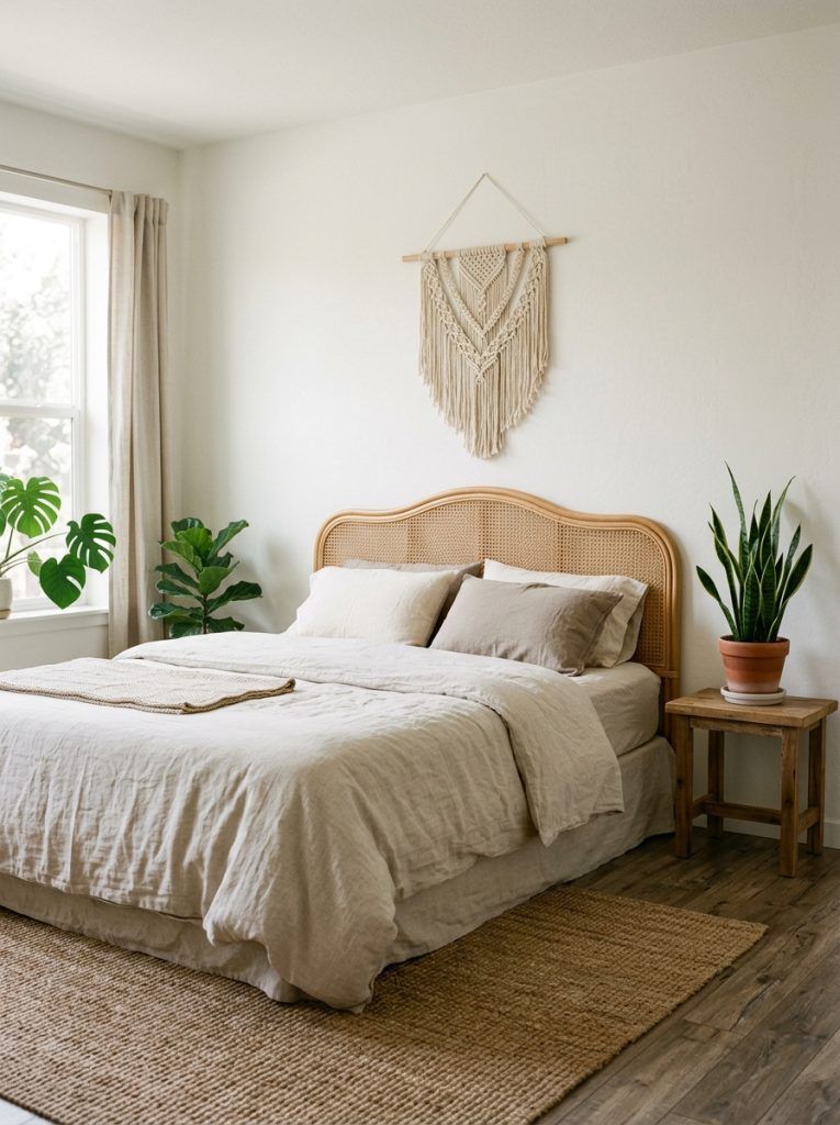 Simple minimal boho bedroom with rattan headboard natural linen bedding one macrame wall hanging one plant on nightstand jute rug clean walls intentional natural beauty