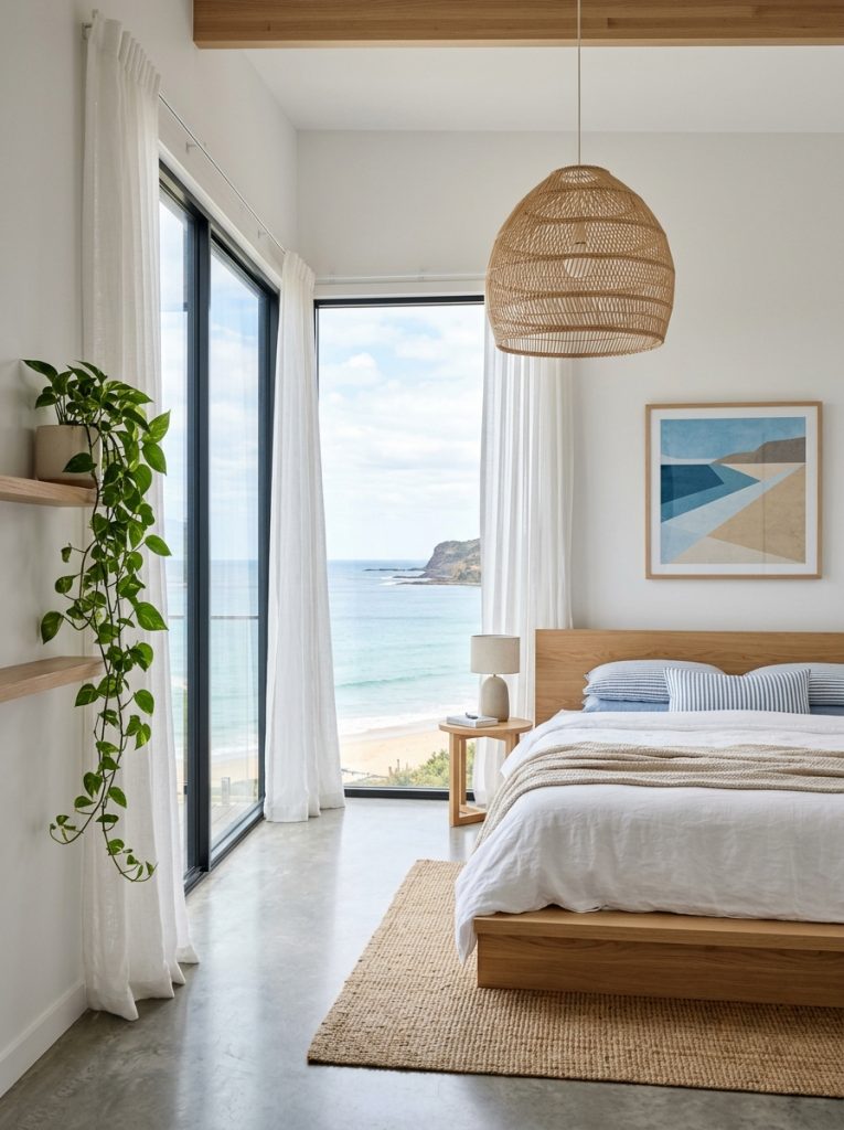 Modern minimalist coastal bedroom with clean lines low white wood platform bed minimal furniture rattan light geometric coastal artwork one plant sheer curtains intentional modern coastal