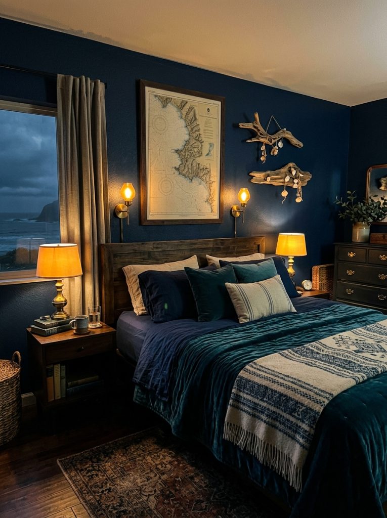 Moody coastal bedroom with deep navy stormy blue walls layered ocean tone textiles driftwood wall art brass hardware warm amber lighting vintage nautical art dramatic intimate atmosphere