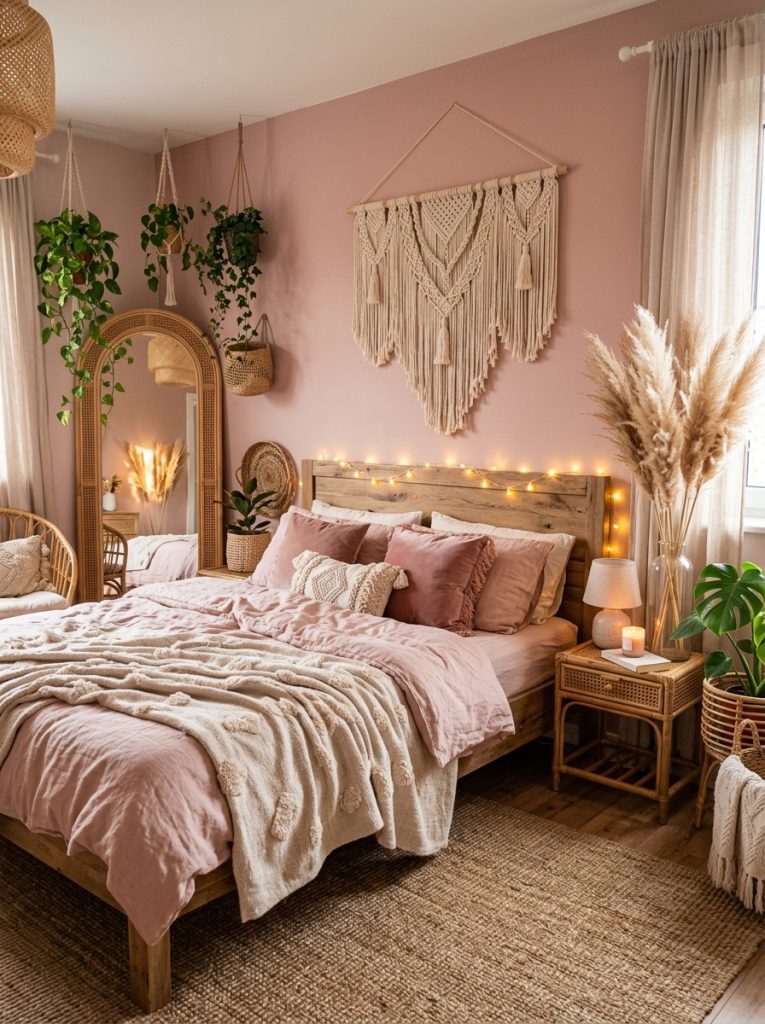 Pink boho bedroom with dusty blush walls white macrame wall hanging pink and cream linen bedding pampas grass rattan furniture and fairy lights dreamy feminine atmosphere
